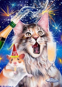 Edición Limitada IMPRESIÓN ACEO Gato Ratón Nochevieja Fuegos Artificiales Champaign M Mishkova - Imagen 1 de 1