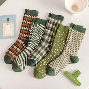 5 Pairs Women's Girls Lot Cotton Socks Retro Striped Socks Casual Crew Socks - Picture 1 of 12