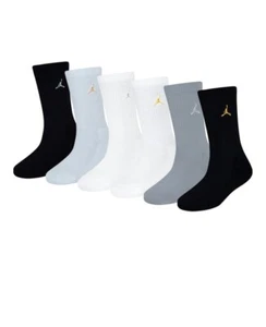 NUEVOS CALCETINES JORDAN NIÑOS 5Y - 7Y BLANCO NEGRO GRIS ORO LOGO 6 PARES CREW MEDIANOS - Imagen 1 de 1