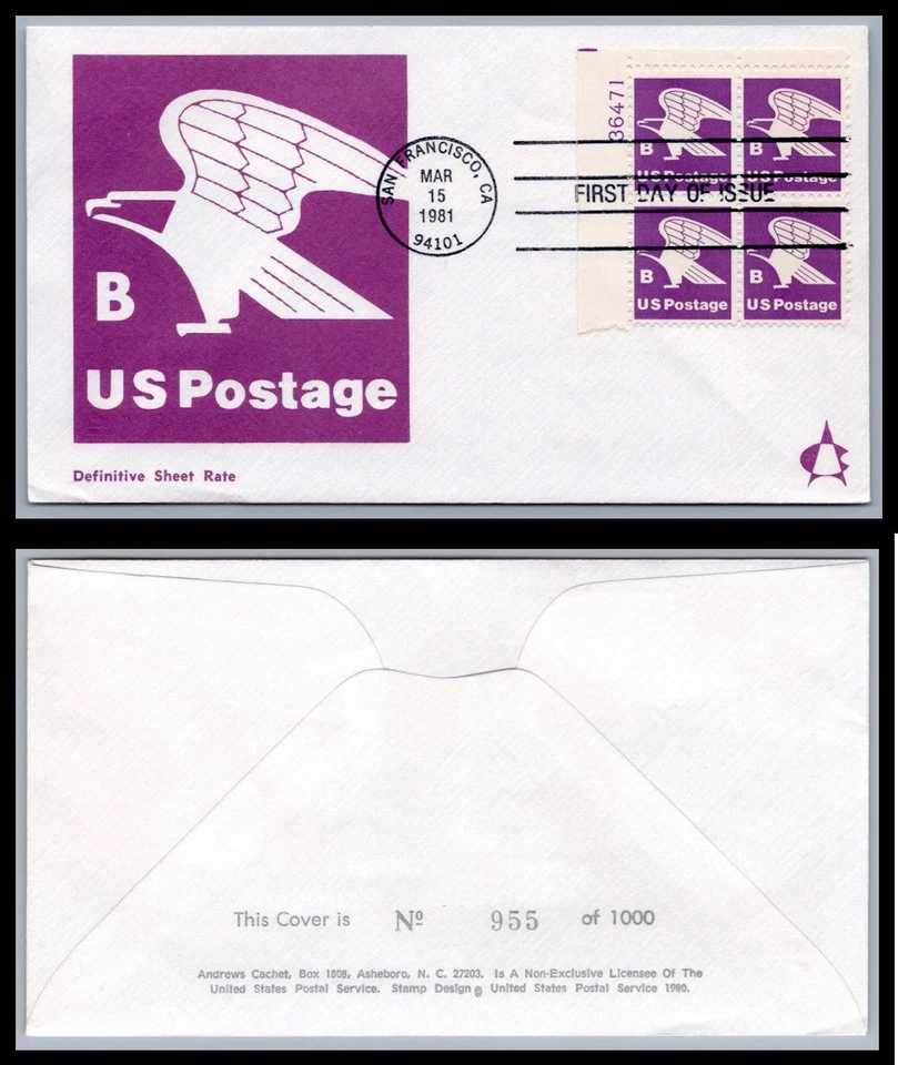 US FDC # 1818 "B" Rate (18c) Eagle  Andrews Plate Block 36471 UL 1981, 9Q1098 - Image 1 of 1