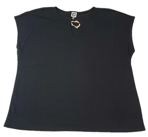 Anne Klein Damen 2X (48) Übergröße Flügelärmel Oberteil goldene Schnalle Schlüssellochausschnitt schwarz - Bild 1 von 11