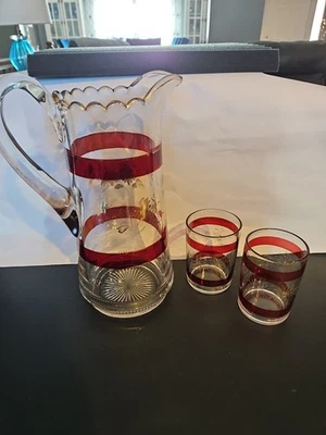 Vintage Ruby Red Stripped Glass Pitcher & 2 drinking glasses - Image 1 of 4