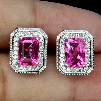 Black Friday Sterling Silver Earrings Octagon Pink Topaz 7x5mm Natural Jewelry - Image 1 of 4