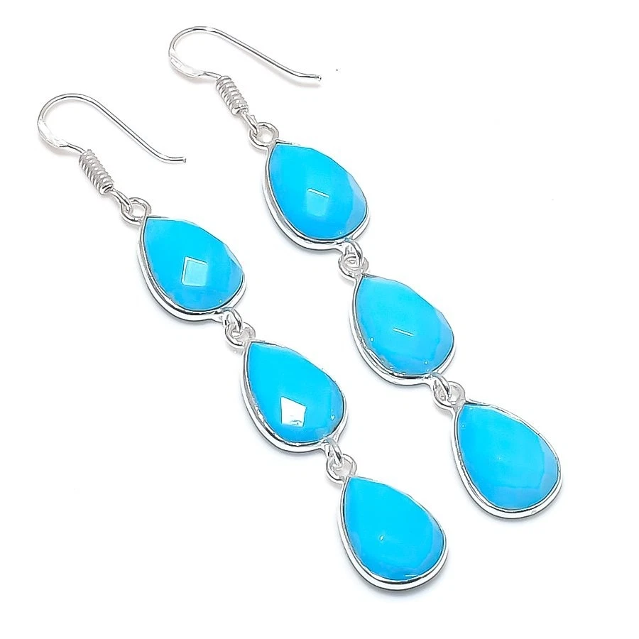 Lab-Created Blue Turquoise Gemstone 925 Sterling Silver Jewelry Earring Sz 2.5" - Image 1 of 1