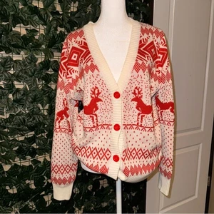 Tipsy Elves Festive Reindeer Cardigan - Red and Cream Christmas - Picture 1 of 11