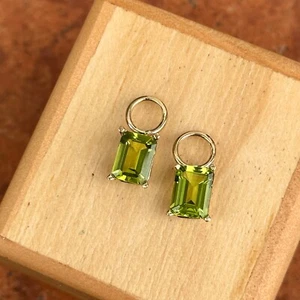 14K Yellow Gold Emerald-Cut Green Peridot Gemstone Dangle Hoop Earring Charms - Picture 1 of 10