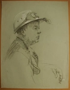 Ukrainian Soviet USSR charcoal drawing realism Portrait working man steelmaker - Picture 1 of 8