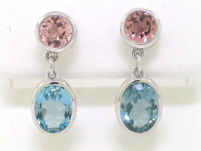 Ohrhänger 750 Weißgold 18Kt Gold Ohrstecker 2 rosa Turmaline und 2 Aquamarine - Bild 1 von 3
