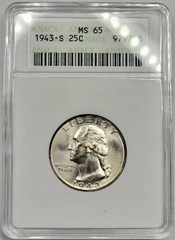 1943 S Silver Washington Quarter ANACS MS-65 Cover