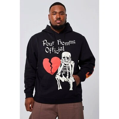NUEVO CON ETIQUETAS Boohoo Hombres PLUS SKELETON PUFF PRINT SUDADERA CON CAPUCHA GRÁFICA Talla XXL Color Negro Foto 1 de 4