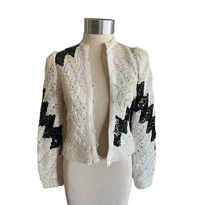 Cárdigan De Colección Rocker Lentejuelas Negro Blanco Iluminación Harry Acton Botón Transparente Talla 4 Foto 1 de 4
