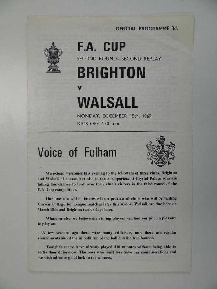 BRIGHTON v WALSALL | 1969/1970 | FA CUP R2 2ND REPLAY | 15 DEC 1969 | @ FULHAM - Image 1 of 3