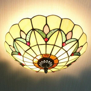 Tiffany Style Flush Mount Lighting Fixture Vintage Stained Glass Ceiling Lamp - Picture 1 of 12