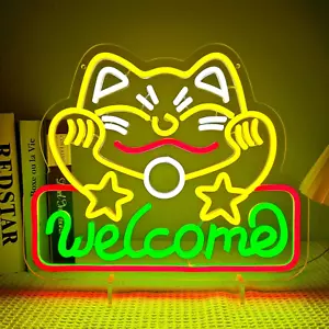 Artalst Lucky Cat Welcome Neon Wall Sign LED Business Welcome Sign Dimmable C... - Picture 1 of 7