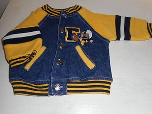 Size 12M Denim Jacket fleece arms yellow blue embroidered animal football letter - Picture 1 of 5