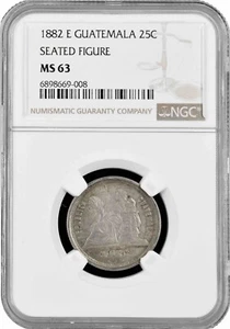 Guatemala 25 Centavos 1882 E, NGC MS63, "Peso (1859 - 1925)" Excellent Pop 1/0 - Picture 1 of 2