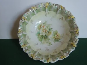 Antique RS Prussia Red Mark Germany Molded 8" Bowl Ruffle Flower Edge Roses Gold - Picture 1 of 8