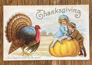 Süßer Junge Mädchen großer KÜRBIS Türkei Vintage Erntedankfest Antik 1915 EMB Postkarte! - Bild 1 von 2