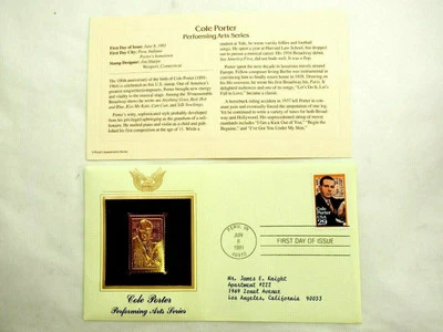 Cole Porter Performing Arts Series 22k Gold Stamp Replica 1st Day Issue 6,8,1991 - Image 1 of 4
