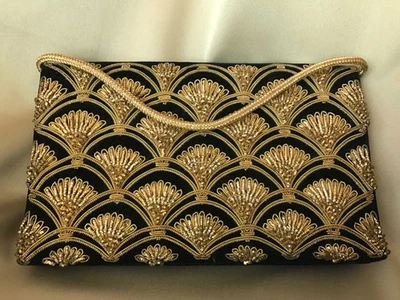 Vintage made in India handmade Clutch bag, black velvet & gold  in original box - Image 1 of 4