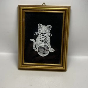 Gato Encaje Tatuado Enmarcado Vintage Diseño 3”X2” En Marco 5.5” X4” - Imagen 1 de 9