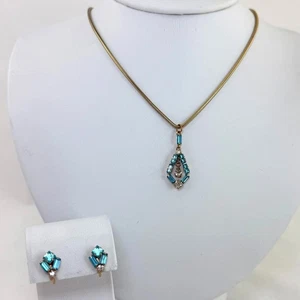 Set collana e orecchini vintage Louis Stern riempiti d'oro con strass acqua anni 40 - Foto 1 di 10