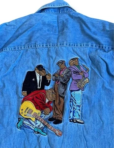 Camel Jazz Band Embroidered Denim Shirt Medium VTG 90s Korea Joe Promo Button-Up - Picture 1 of 9