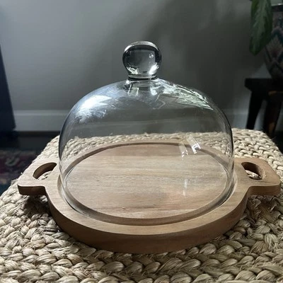 Crate & Barrel Glass Cloche Dome Wood Tray With Handles Cheese Dessert Serving - Image 1 of 4