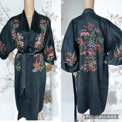 Vintage Silk Hand Embroidered Kyoto Landscape Belt Kimono Robe Duster Coat 50s - Image 1 of 4