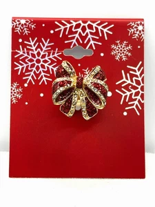 Red And Gold Tone Crystal Rhinestone Christmas Holiday Bow Stretch Ring NWT - Picture 1 of 20