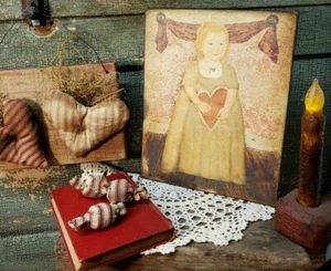 VINTAGE PRIMITIVE FOLK SHABBY VICTORIAN STYLE VALENTINE GIRL HEART CANVAS SIGN - Picture 1 of 6