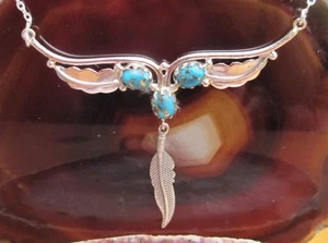 KX Collana Collier Piuma Argento Sterling 925 Turchese Rame Turchese Blu - Foto 1 di 2