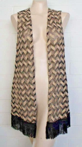 New NWT Chico's Collection 1 Medium Black Metallic Gold Fringed Hem Long Vest - Picture 1 of 7