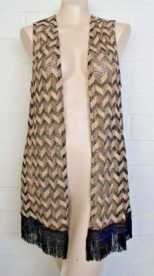 New NWT Chico's Collection 1 Medium Black Metallic Gold Fringed Hem Long Vest - Image 1 of 4