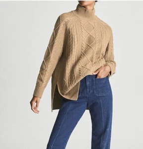 Reiss Nina Womens Cable Knit Sweater Large Camel Jumper Tunic Long Sweater - Picture 1 of 8