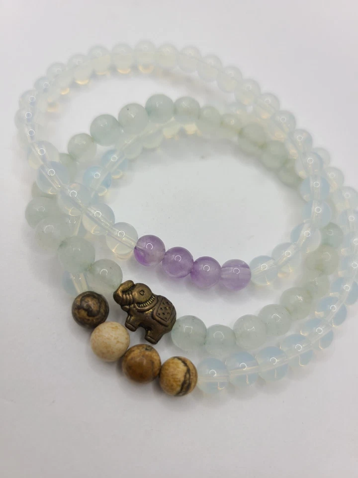 Pulsera Talismala Sagrada Hecha a Mano Vidrio Amatista y Cuentas de Madera Elefante Dije 7" Foto 1 de 3