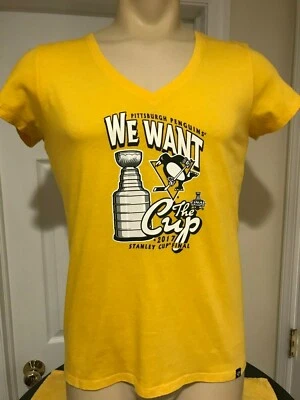 Camiseta para mujer Pittsburgh Penguins 2017 We Want the Cup 47 marca grande amarilla Foto 1 de 4
