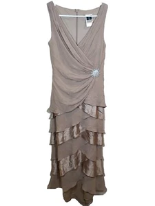 Tadashi Beige Maxi Dress Size 6 Sun Crystal Brooch V Neck Silk Formal Gown  - Picture 1 of 17