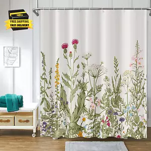 Vintage Wild Floral Theme Shower Curtain Rustic Nature Floral Plant Herbs Green  - Picture 1 of 8