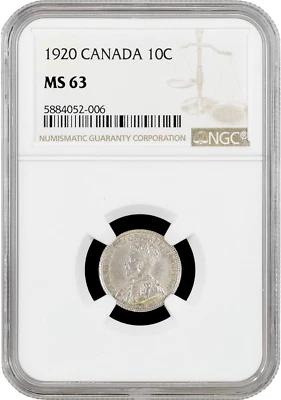 Canada 10 cents 1920, NGC MS63, "King George V (1911 - 1936)" silver coin - Image 1 of 2