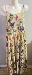 Joie Women Linen Dress Large Summer Ivory Pink Floral Midi Elastic Back New NWT - Picture 1 of 8