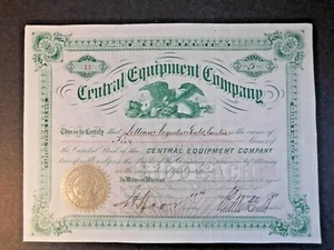 Vintage 1894 Stock Certificate "Central Equipment Company" Green! - Picture 1 of 2