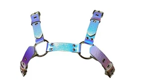 Rainbow Blue Bulldog Harness Chest Men's  Vegan Leather USA Made Pride  - Picture 1 of 2