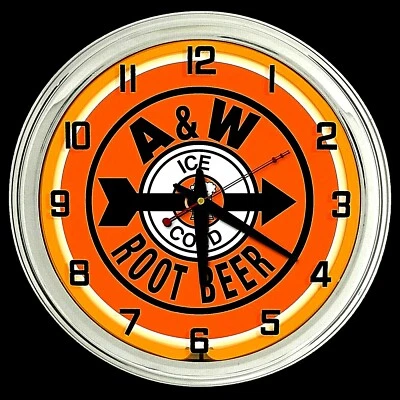 16-дюймовые оранжевые неоновые часы A&W Ice Cold Root Beer Sign v2 мужская пещера гараж бар - Изображение 1 из 2