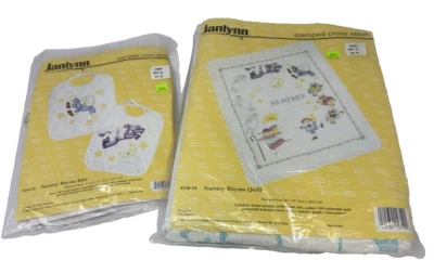 Janlynn Estampado Punto de Cruz Rima Infantil Kit de Edredón 158-19 Kit de Babero 158-20 LEER Foto 1 de 4