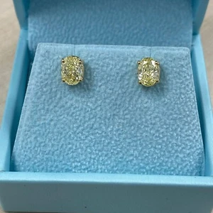 IGI 2.25 Carat Lab Grown Oval Fancy Yellow Diamond Stud Earrings 14k Yellow Gold - Picture 1 of 12