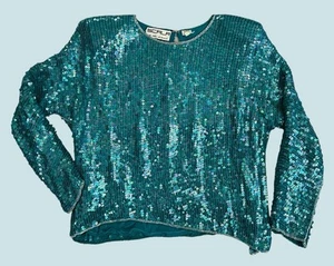 Scala 100% Silk Sequin Top Size XL Green Teal Long Sleeve Vintage Womens - Picture 1 of 12