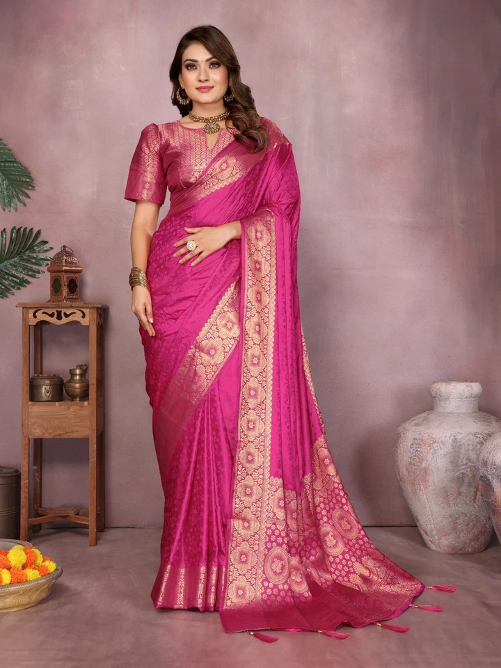 Nuevo lanzamiento suave satinado seda sari con blusa para ropa de boda india Foto 1 de 1