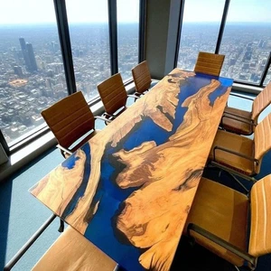 Coffee Table Top with Blue Epoxy Resin Handmade Acacia Wood Dining Room Decor - Picture 1 of 10