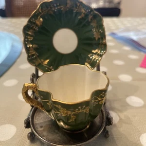 Coalport Green & Raised Gold Floral Scrollwork Demitasse Cup & Saucer - Picture 1 of 9